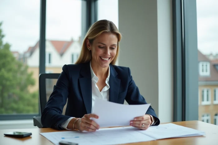 Femme professionnelle en immobilier examine des documents