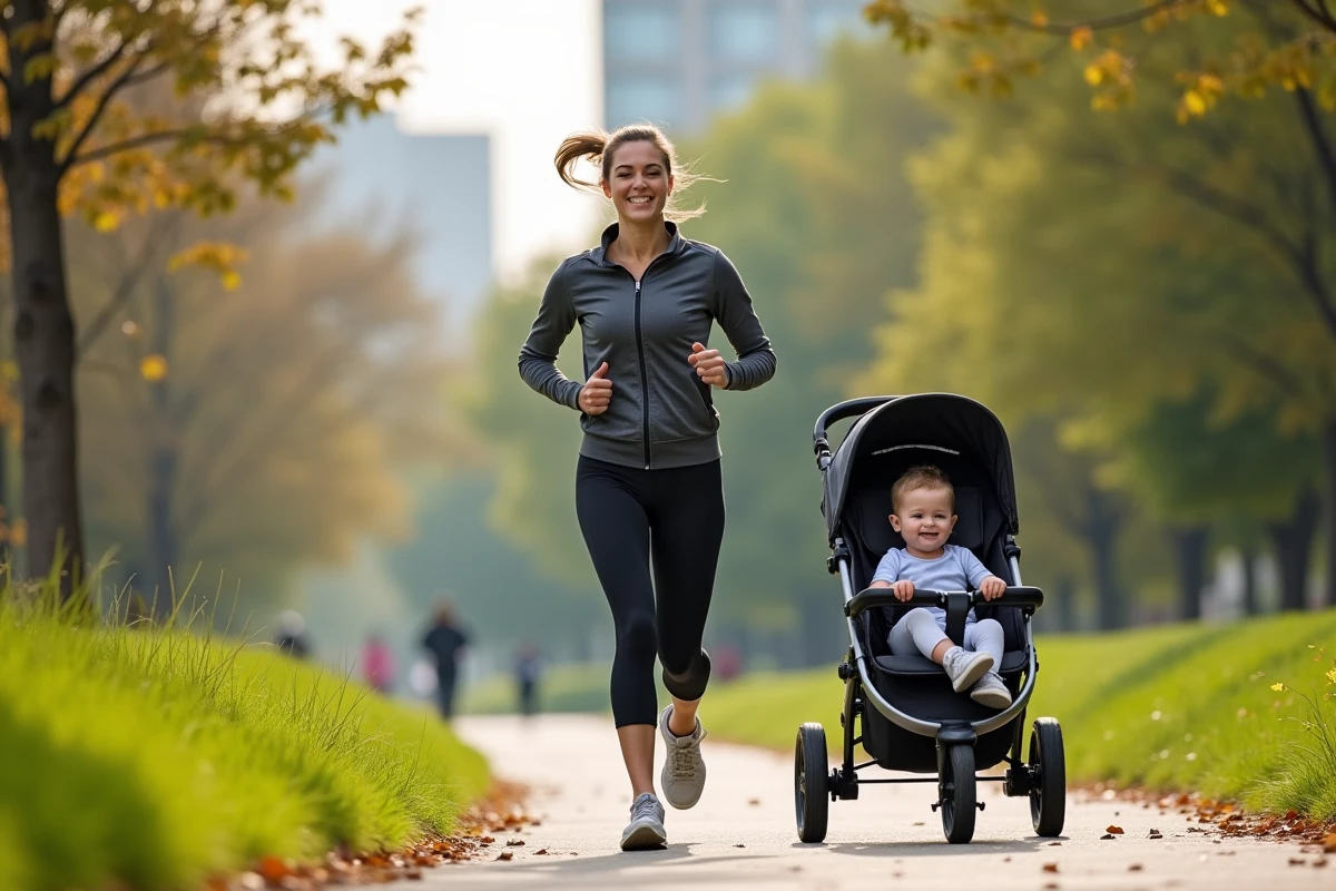 Femme courant avec une poussette dans un parc urbain en matinée