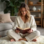 Femme lisant un livre dans un salon cosy et chaleureux