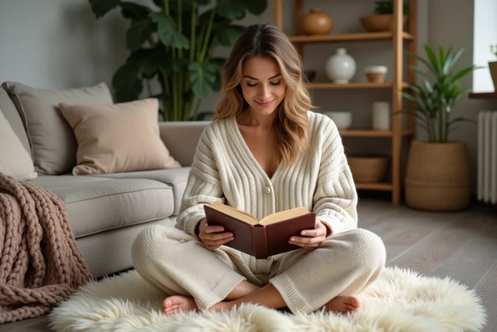 Femme lisant un livre dans un salon cosy et chaleureux