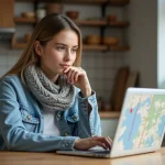Jeune femme en denim regarde son ordinateur dans la cuisine