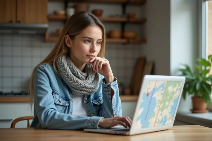 Jeune femme en denim regarde son ordinateur dans la cuisine