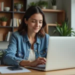 Femme utilisant une carte Kadeos Infini sur son ordinateur à la maison