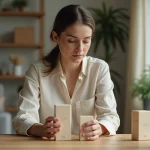 Jeune femme examine deux emballages produits à la maison