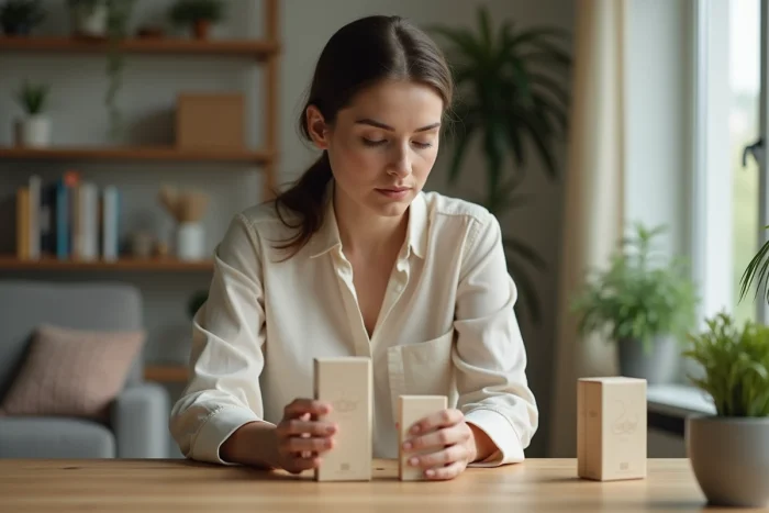 Jeune femme examine deux emballages produits à la maison