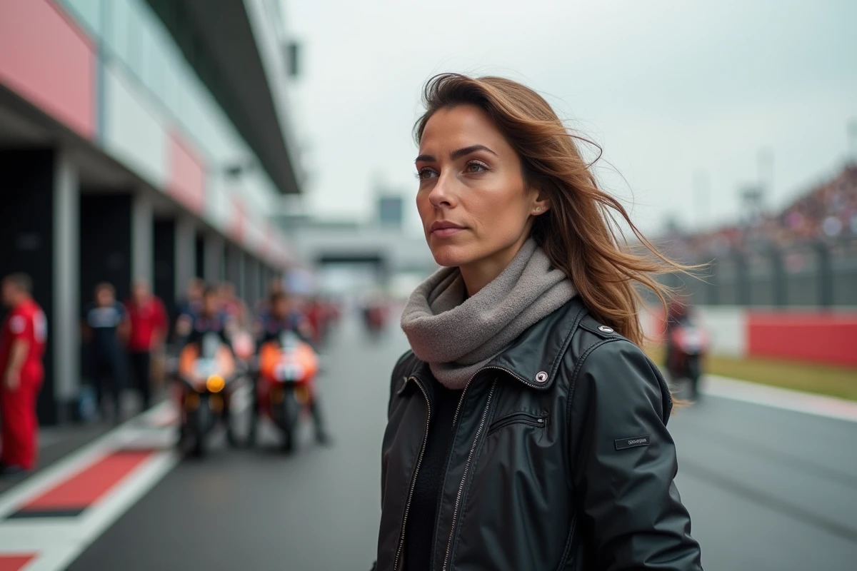 Femme en veste moto regardant la course dans le paddock