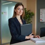 Femme en manteau navy à la réception d'un bureau Pôle emploi