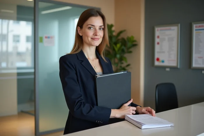 Femme en manteau navy à la réception d'un bureau Pôle emploi