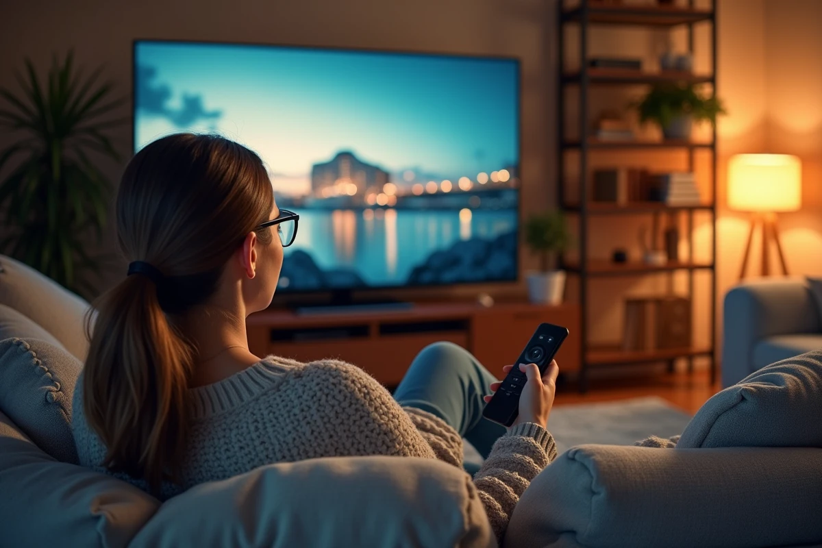 Femme regardant la télévision dans un salon moderne et confortable