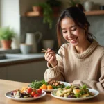 Femme souriante dans une cuisine moderne avec repas sain