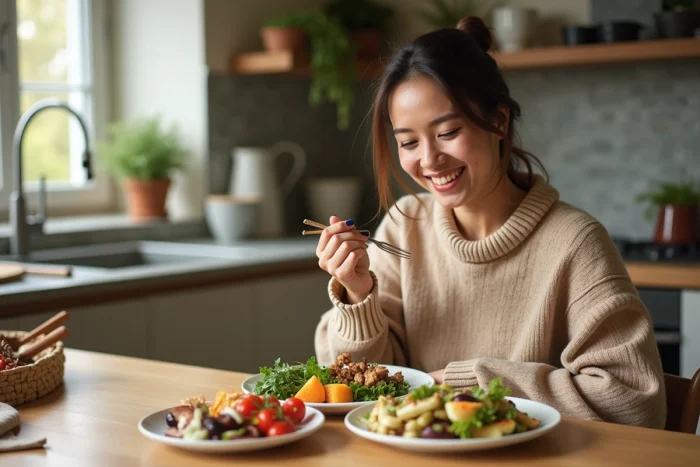 Femme souriante dans une cuisine moderne avec repas sain