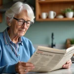 Femme senior lisant un journal dans sa cuisine lumineuse