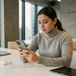 Jeune femme découvrant un smartphone haut de gamme dans un bureau moderne et minimaliste, tendances high-tech