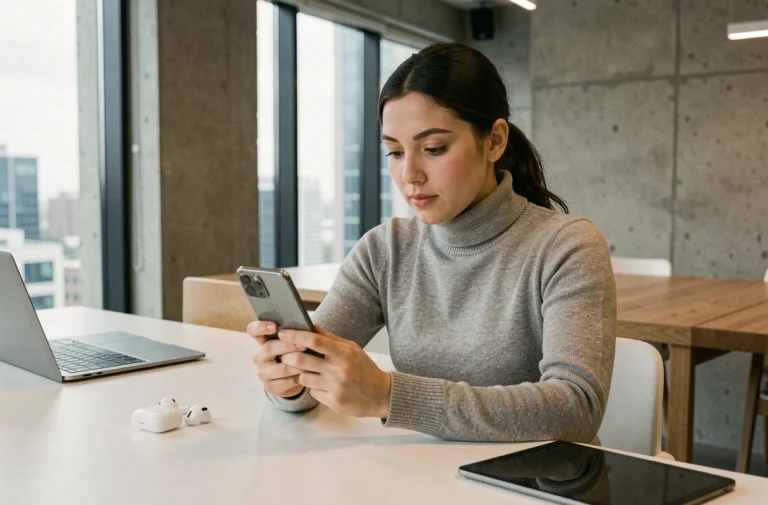 Jeune femme découvrant un smartphone haut de gamme dans un bureau moderne et minimaliste, tendances high-tech