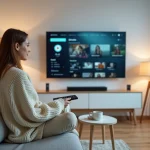 Jeune femme regardant un service de streaming sur sa télévision connectée dans un salon moderne et minimaliste