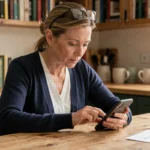 Femme d'âge mûr téléchargeant une application de gestion de tutelle sur smartphone à la maison