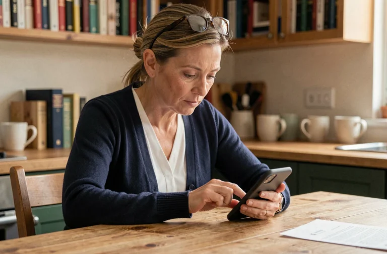 Femme d'âge mûr téléchargeant une application de gestion de tutelle sur smartphone à la maison
