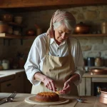 Femme âgée préparant un gâteau de châtaigne dans une cuisine rustique