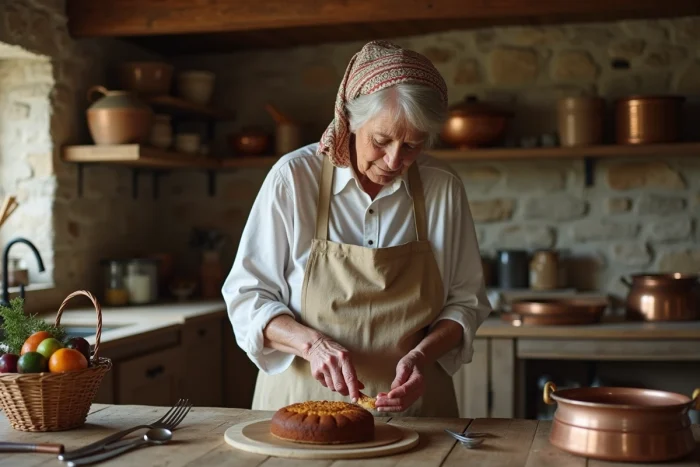 Femme âgée préparant un gâteau de châtaigne dans une cuisine rustique