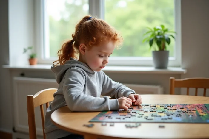 Fillette aux cheveux bouclés résolvant un puzzle complexe à une table en bois dans une cuisine lumineuse