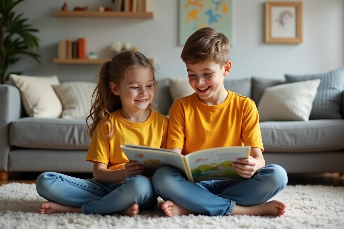 Frere et soeur lisant un livre dans le salon moderne et accueillant