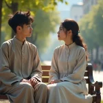 Frere et soeur assis sur un banc en parc ensoleille