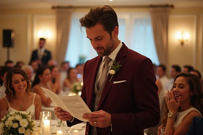 Invité lisant la gazette des mariés à voix haute lors d'une réception de mariage, provoquant des réactions émues et amusées parmi les convives