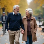 Giacomo Agostini avec une femme dans un parc automnal