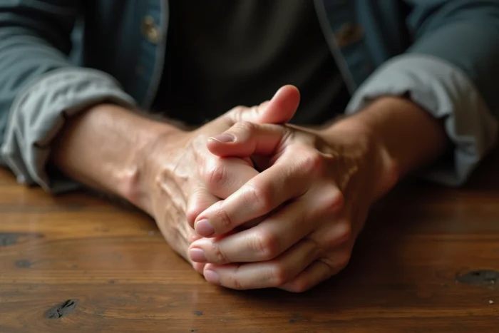 Mains d'un homme d'âge mûr jointes sur une table en bois montrant un grain de beauté sur l'annulaire