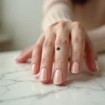 Gros plan sur un grain de beauté sur le doigt index d'une femme posé sur une surface en marbre