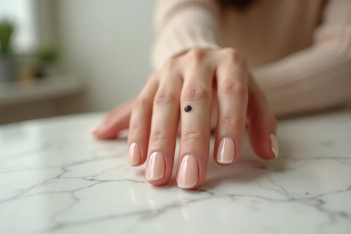 Gros plan sur un grain de beauté sur le doigt index d'une femme posé sur une surface en marbre