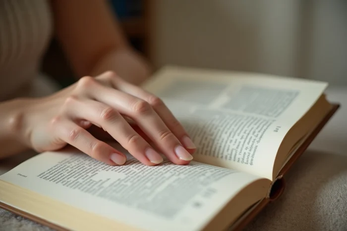 Main d'une jeune femme tenant un livre ouvert avec un grain de beauté visible sur le pouce