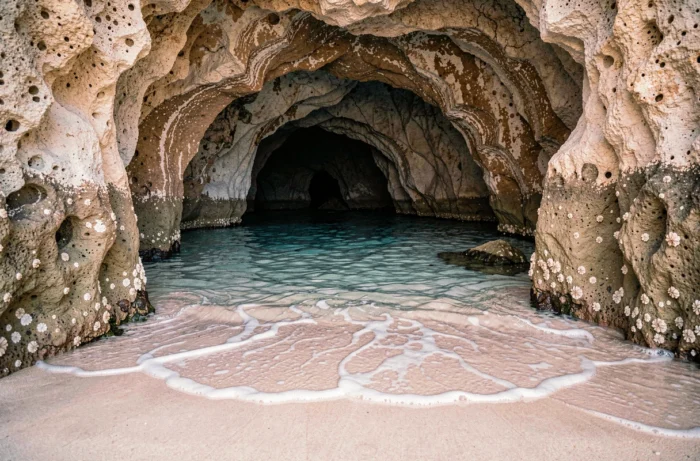 Grotte marine et formations rocheuses érodées à la plage de Balos en Crète, avec des eaux turquoise mystérieuses s'infiltrant dans l'alcôve naturelle