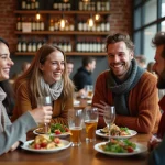 Groupe d'amis souriants partageant un apéritif dans un bistro convivial