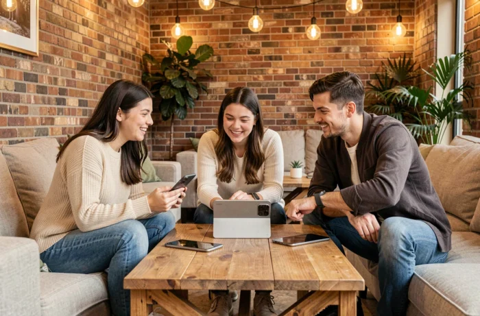 Groupe de jeunes professionnels explorant des appareils high-tech innovants dans un espace coworking moderne