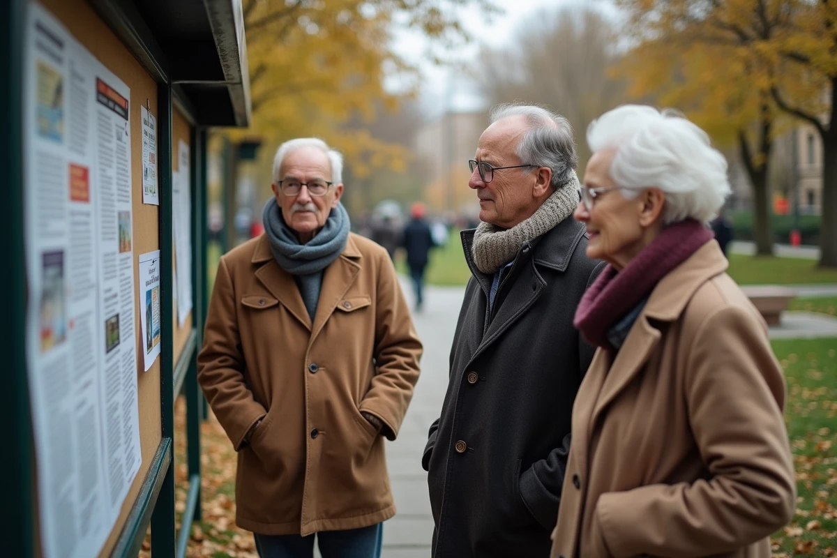 Groupe de seniors discutant devant un tableau d