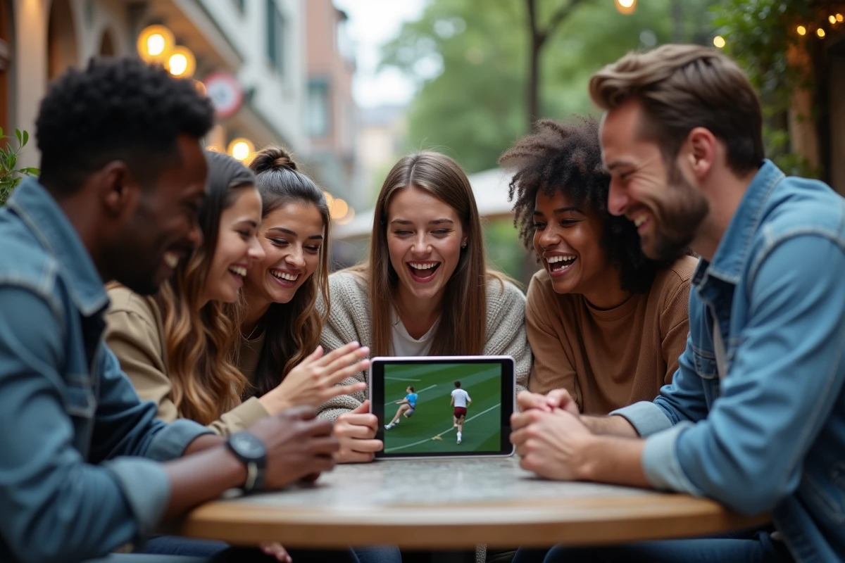 Groupe de jeunes regardant un match sur une tablette en extérieur