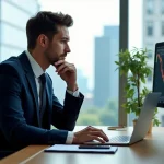 Jeune homme d'affaires en costume regardant l'écran bourse