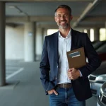 Homme d'affaires confiant dans un parking moderne