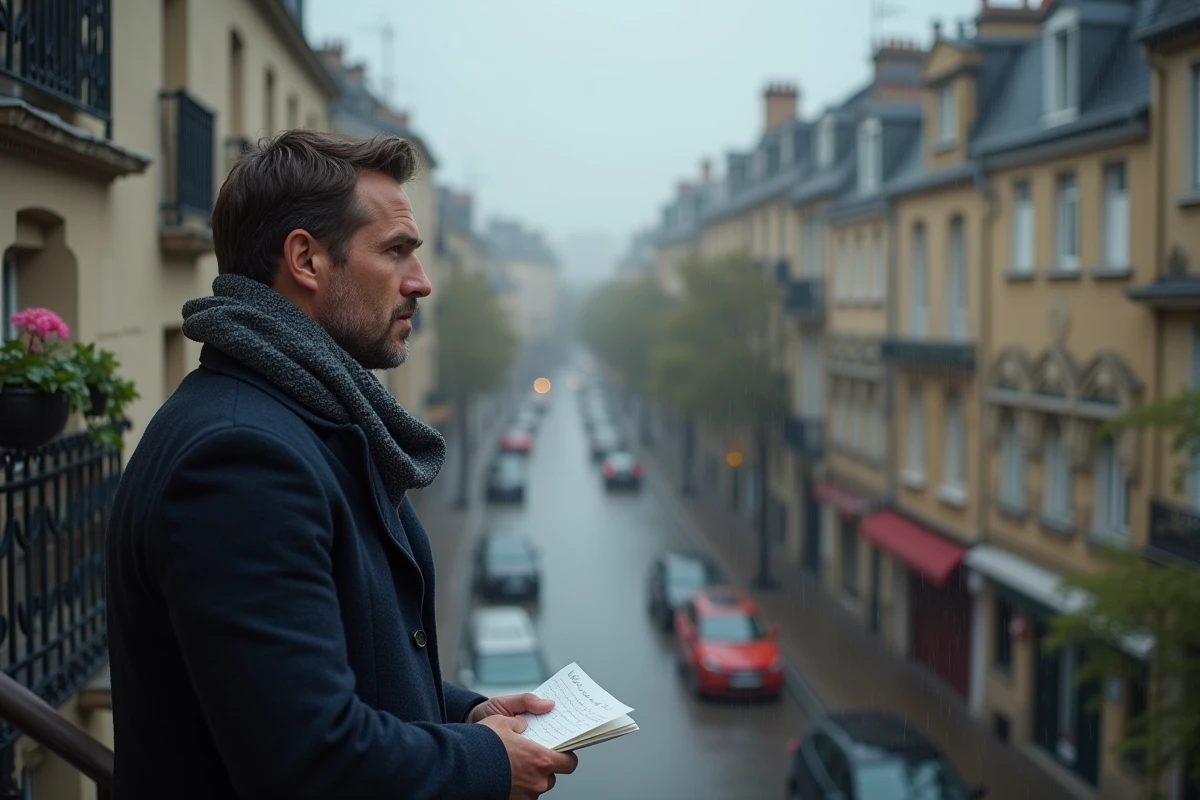 Homme contemplant une rue parisienne sous la pluie
