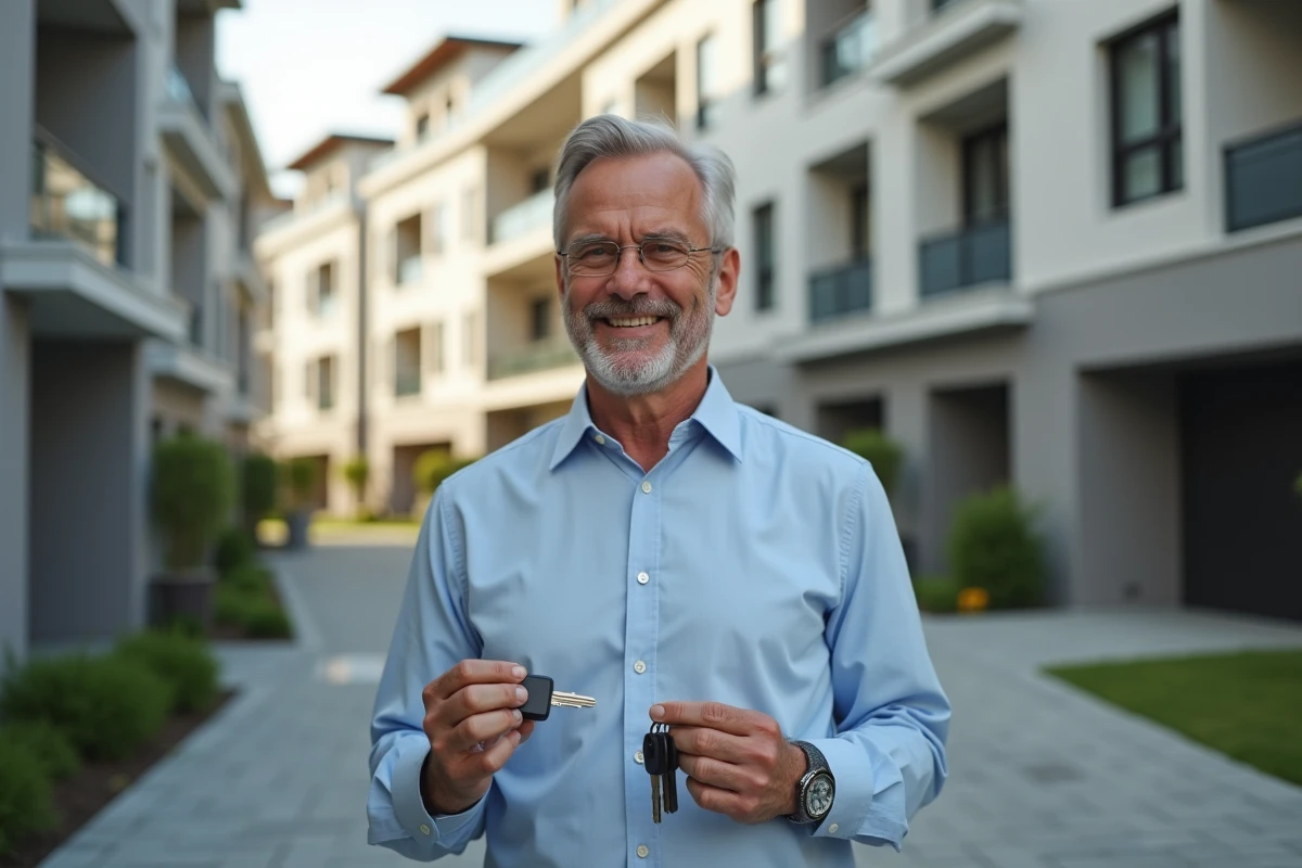 Homme souriant avec clés d appartement devant immeuble