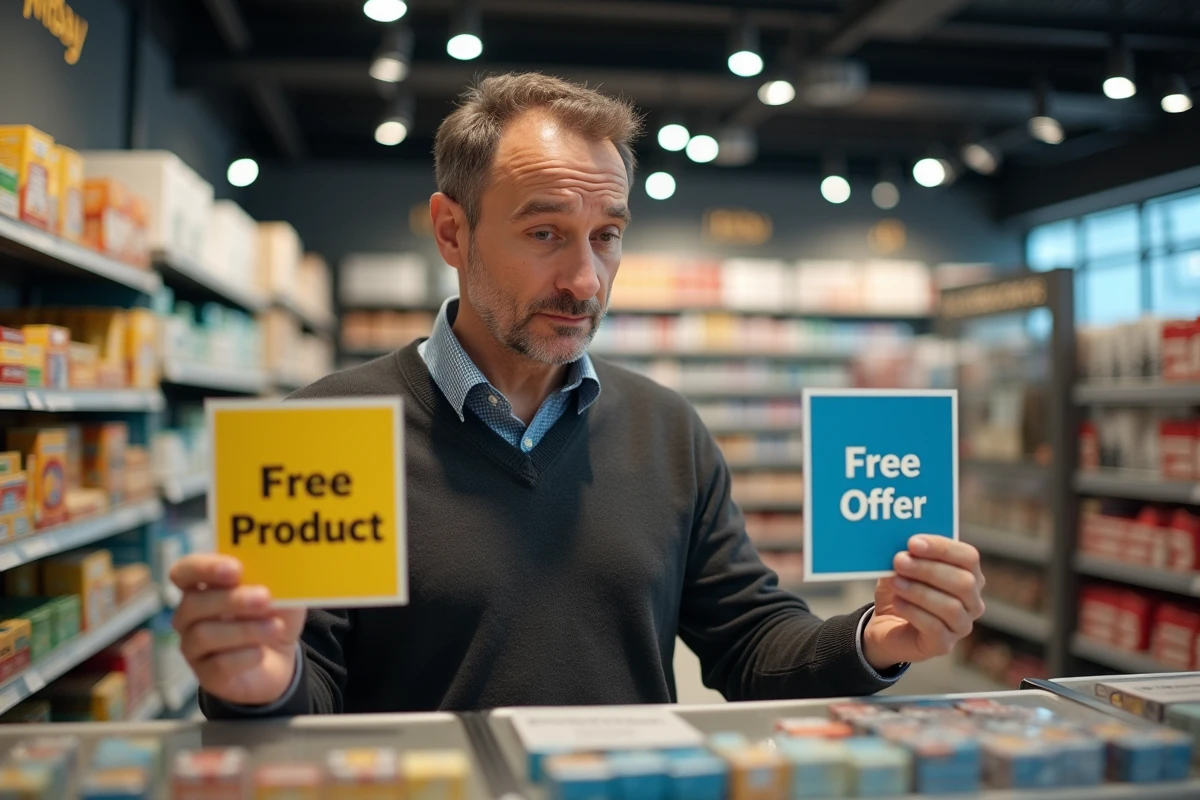 Homme compare deux panneaux en magasin avec curiosité