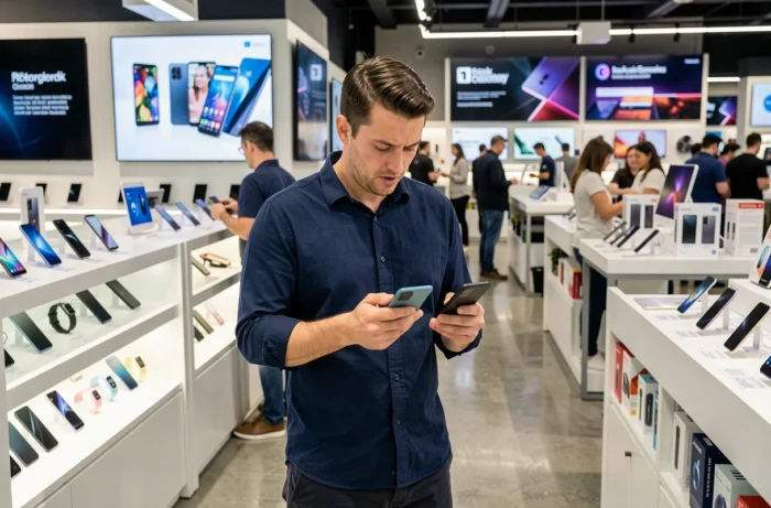 Homme comparant deux smartphones récents dans un magasin de technologie, actualité mobile et nouvelles tendances