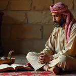 Homme nord-africain en djellaba méditant avec livre et serpent