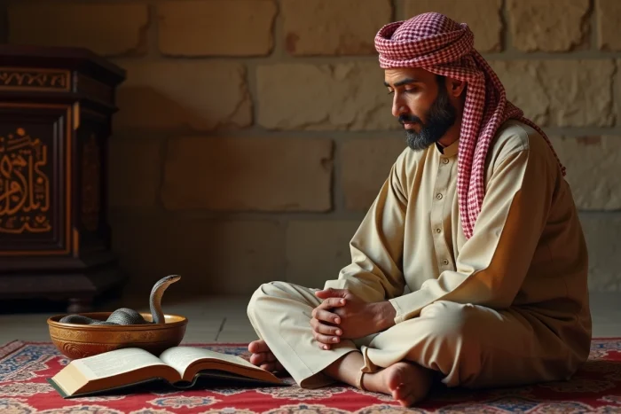 Homme nord-africain en djellaba méditant avec livre et serpent
