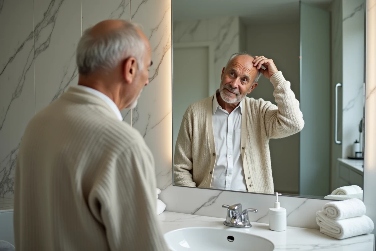 Homme âgé examinant son cuir chevelu devant un miroir