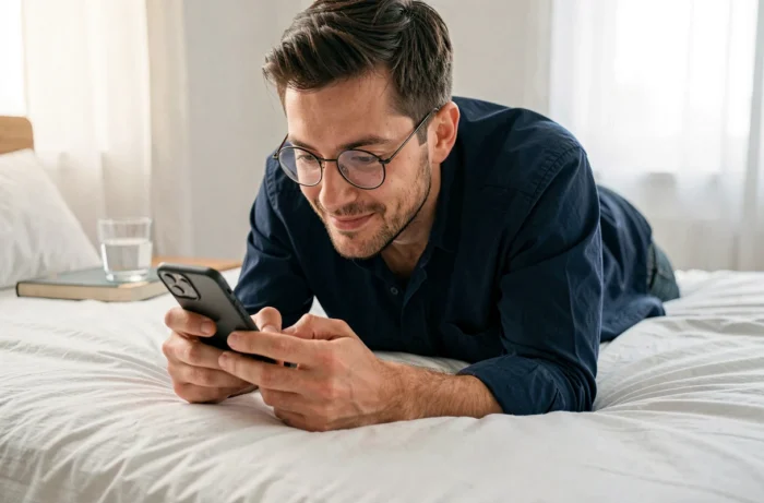 Homme adulte lisant un manga sur smartphone allongé sur son lit, illustrant l'accessibilité et la praticité de la lecture de mangas en ligne au quotidien