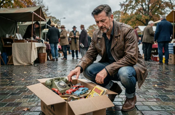 Homme en veste en cuir fouillant une boîte d'objets rétro au marché aux puces en automne, avec téléphone à cadran et jouets anciens