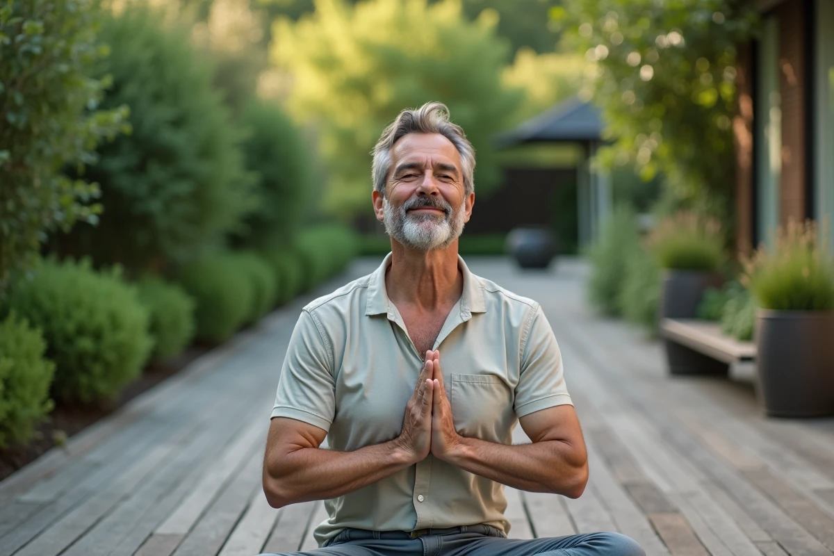 Homme en pleine meditation sur terrasse verte