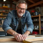 Homme d'âge moyen mesurant une planche en bois dans un atelier